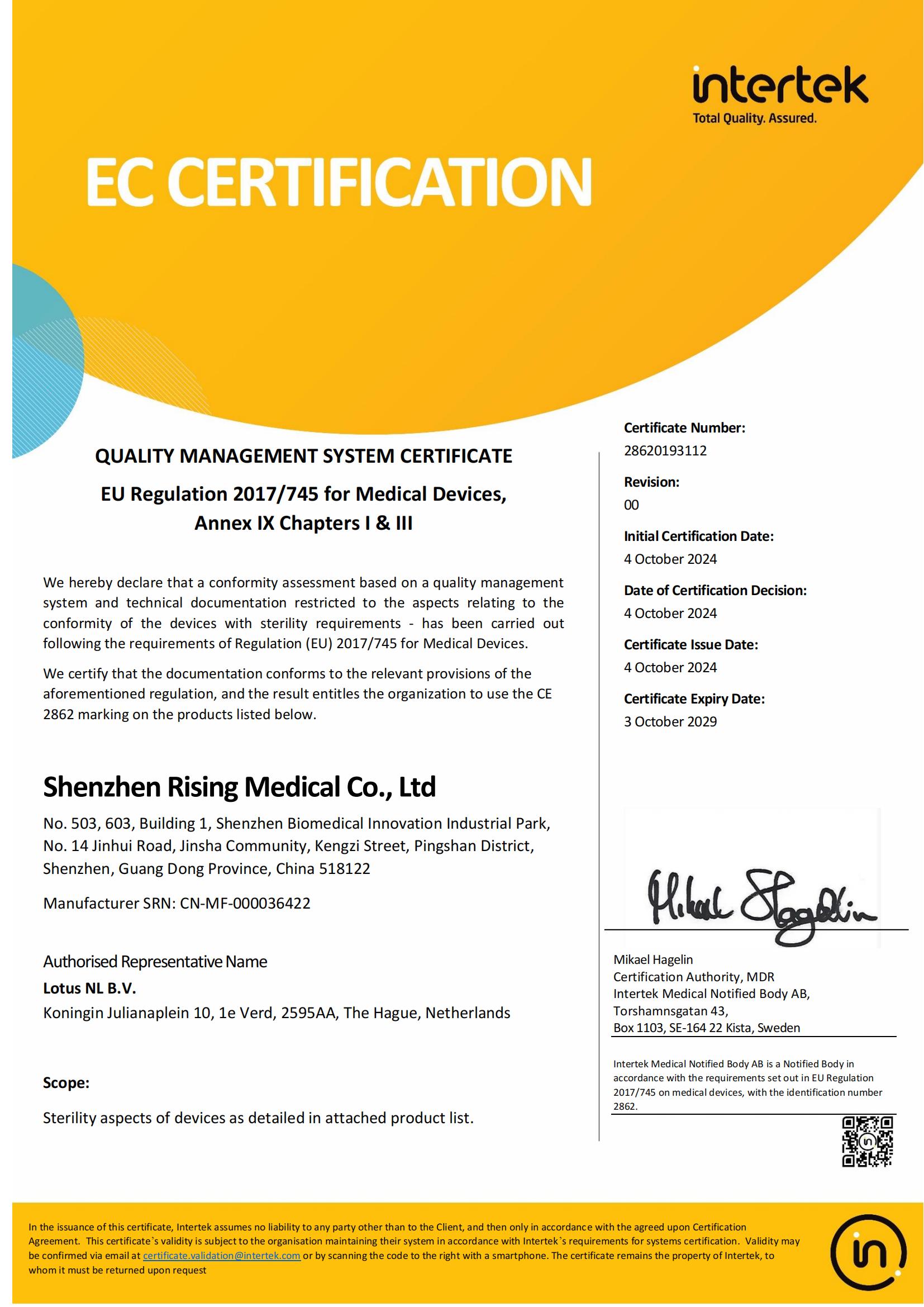 Notice on Shenzhen Rising Medical Co., Ltd. Obtaining CE MDR Certification